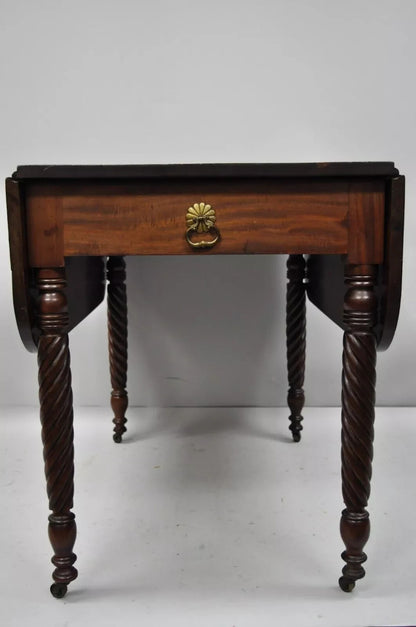 Antique 19th C. Sheraton Mahogany Turn Carved Spiral Leg Drop Leaf Dining Table