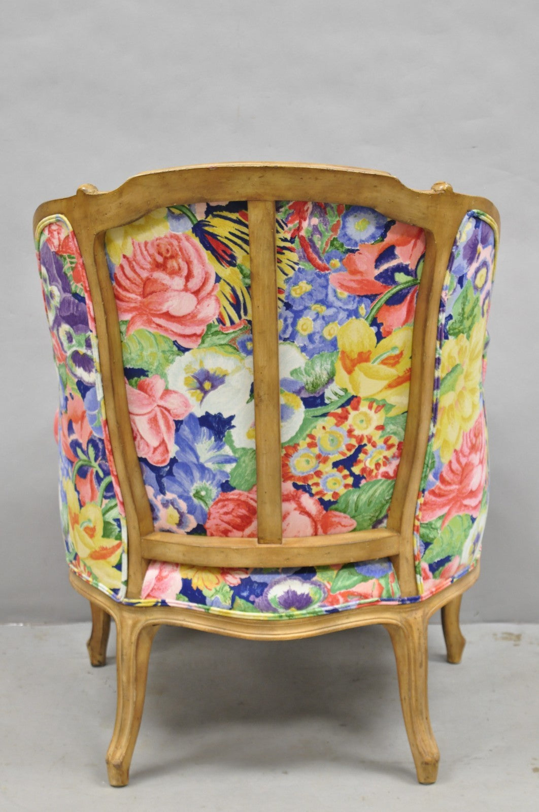Vintage French Louis XV Country Provincial Floral Chintz Bergere Lounge Chair