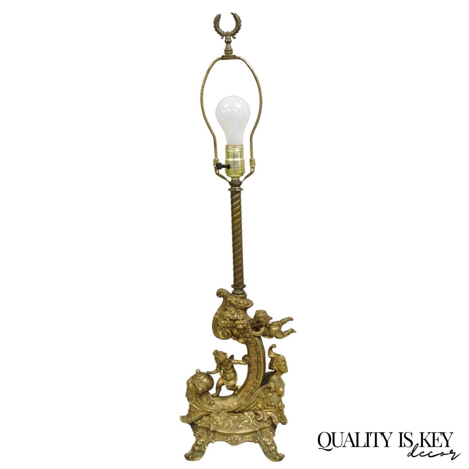 Antique French Louis XV Renaissance Style Figural Bronze Cherub Putti Table Lamp