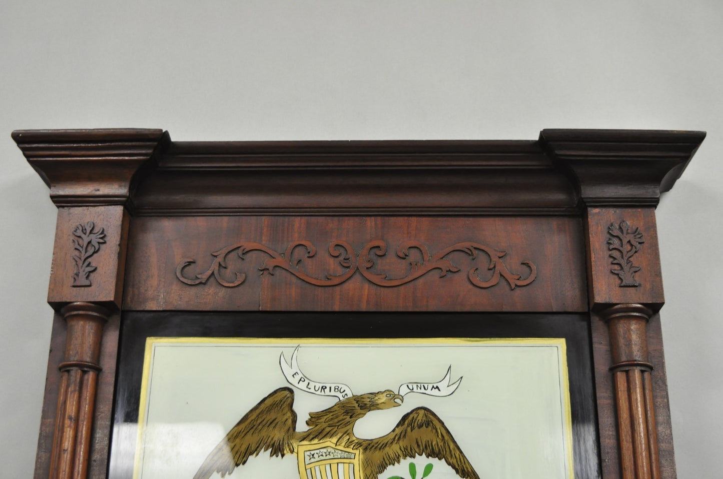 Antique American Federal Mahogany Reverse Painted Eagle Trumeau Wall Mirror