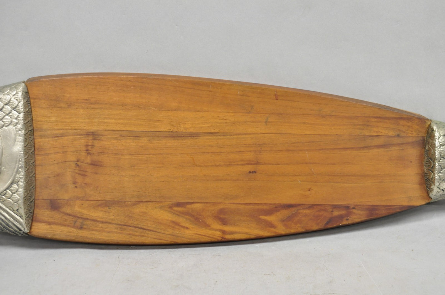 Vintage Mid Century Modern Teak Wood & Metal Fish Serving Platter Cutting Board