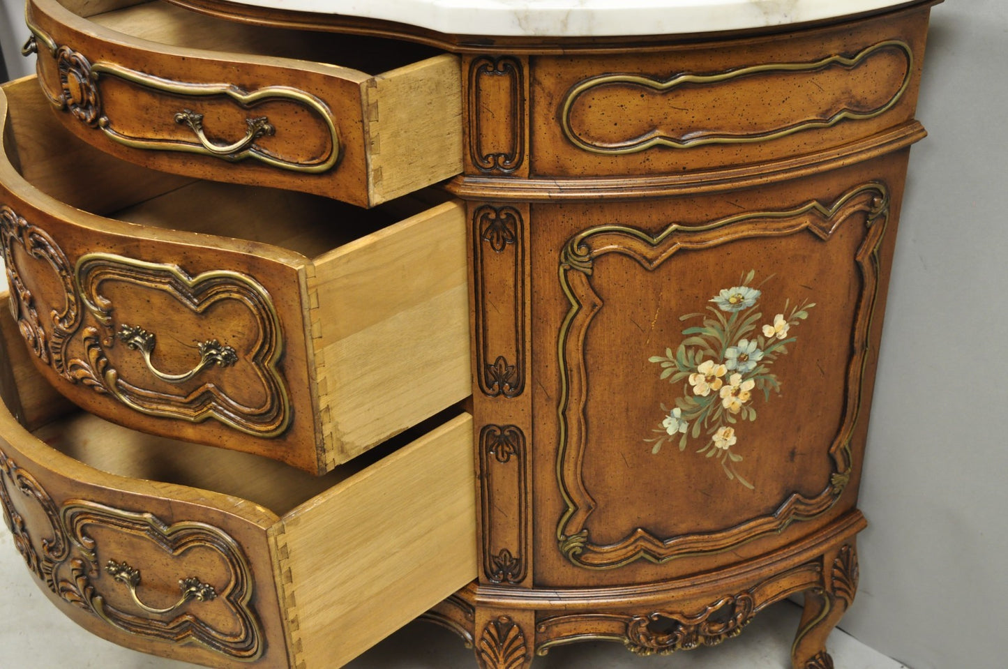 Vintage French Louis XV Style Bombe Demilune Marble Top Floral Painted Commode