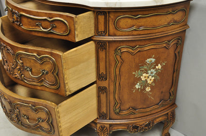 Vintage French Louis XV Style Bombe Demilune Marble Top Floral Painted Commode