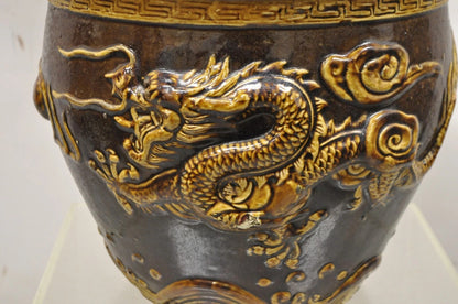 Antique Chinese Brown Glazed Ceramic Pottery Dragon Cachepot Jardinière - Pair