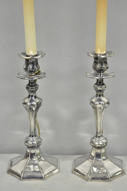 Reed & Barton Art Nouveau Silver Plated Small Candlestick Table Lamps - a Pair