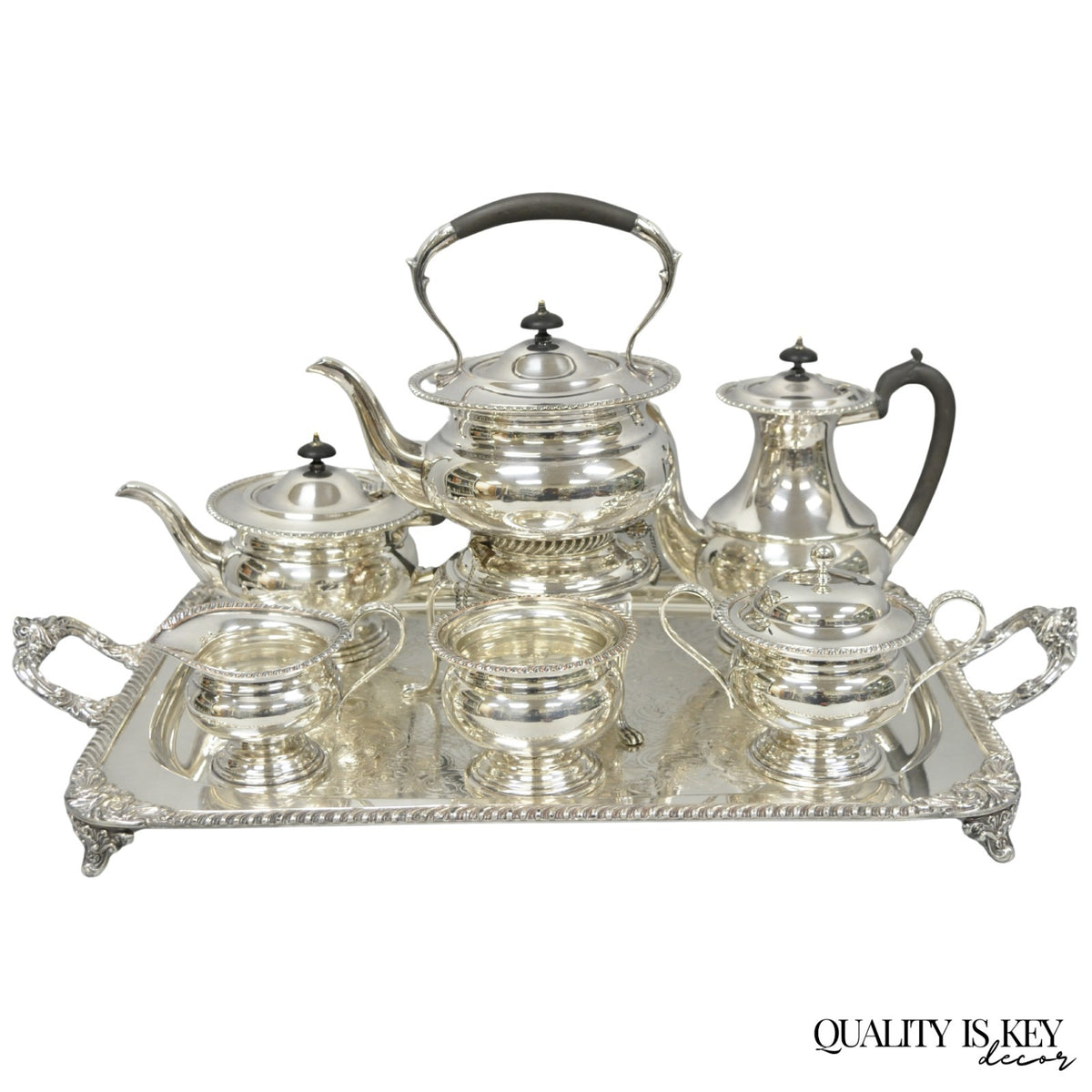Vintage English Sheffield Edwardian Silver Plated Tea Set w/ Tilting Pot 7 Pcs