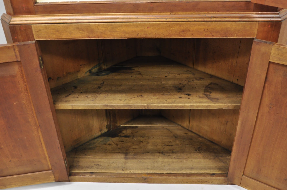 Antique Colonial Primitive Cherry Wood Glass Front Corner China Cabinet Cupboard