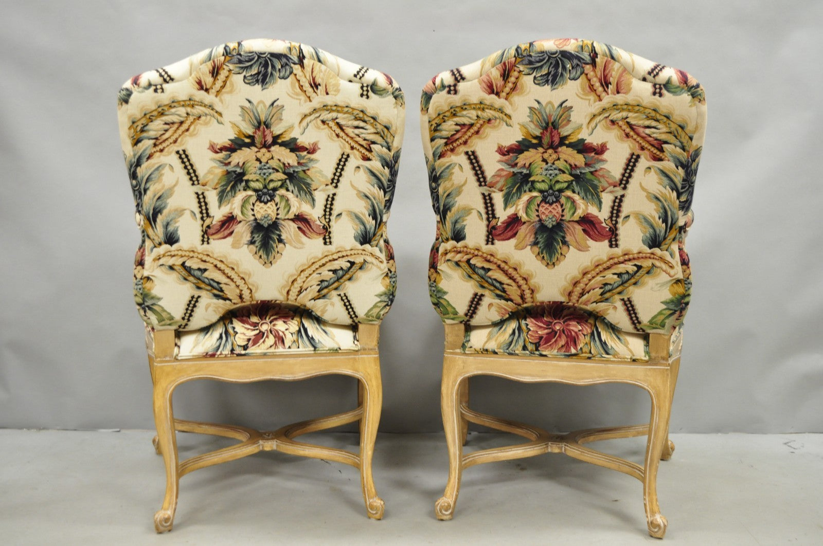 Vintage French Country Louis XV Style Carved Wood Lounge Arm Chairs - a Pair