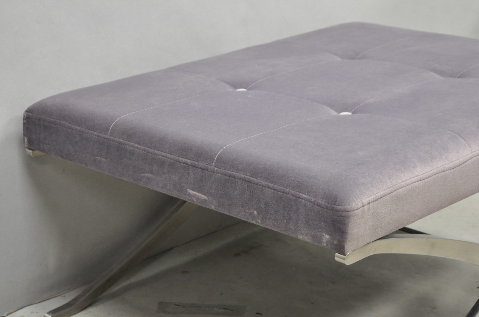 Contemporary Modern Brushed Chrome Frame X-Form Purple Tufted Bench Ottoman