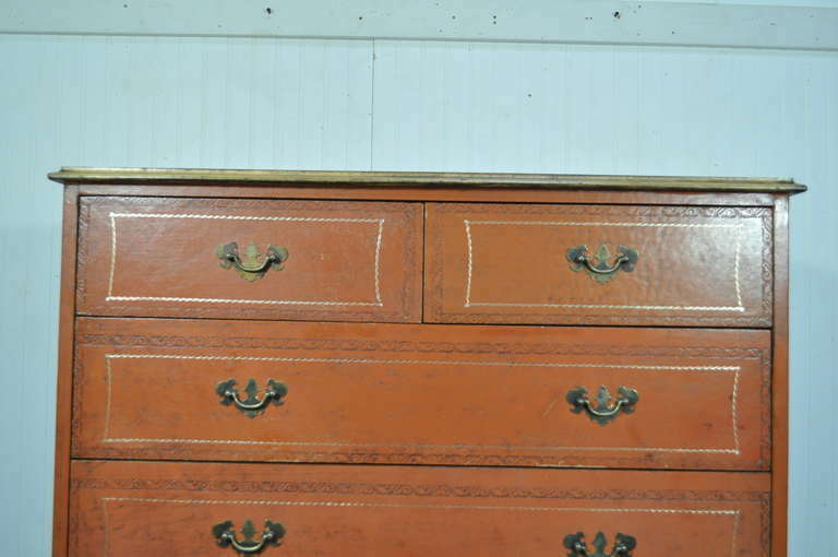 Vintage Chippendale Style Orange Tooled Leather Commode Chest of Drawers Dresser