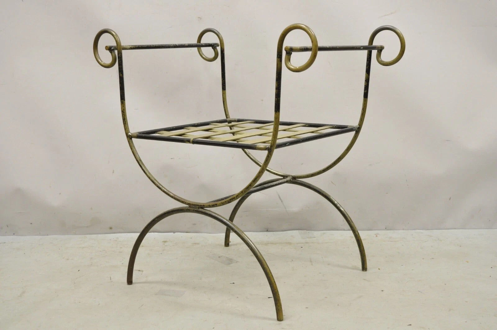 Vintage Neoclassical Style Wrought Iron Curule Savonarola X-Form Bench Chair