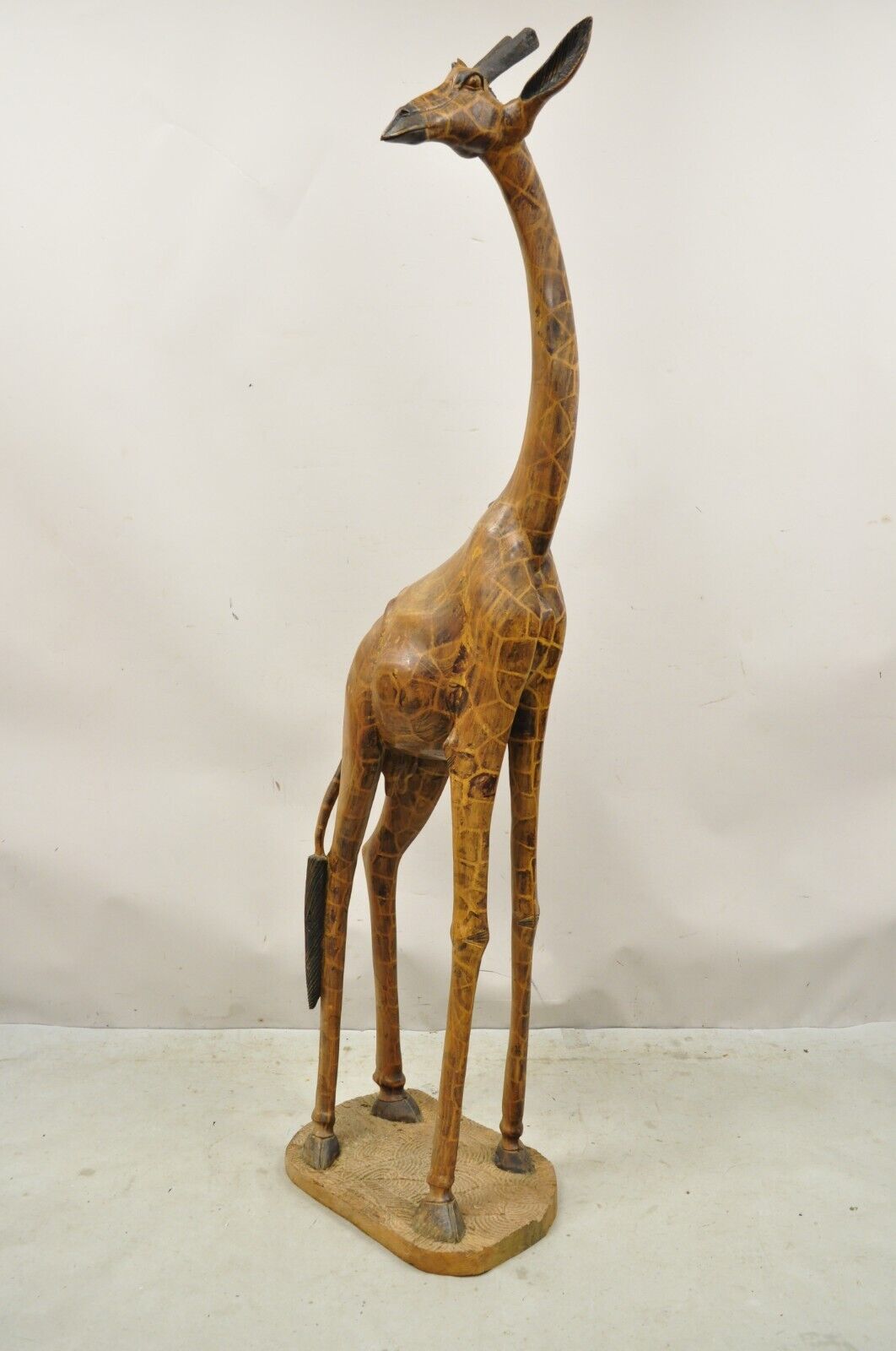 Vintage Solid Carved Wood 72” Tall African Safari Giraffe Statue Sculpture