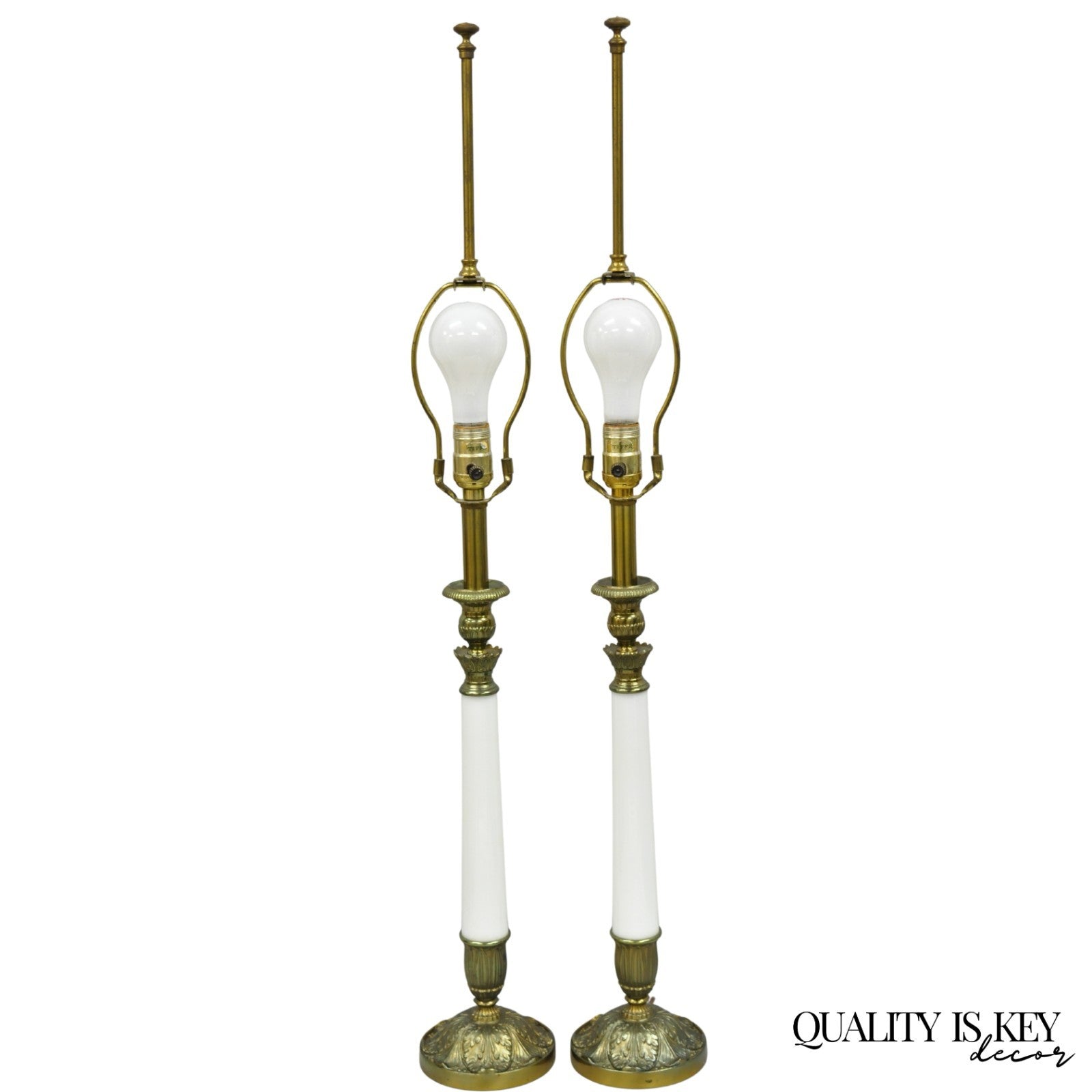 Vintage Stiffel White Glass Column French Hollywood Regency Table Lamps - a Pair