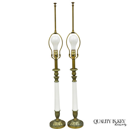 Vintage Stiffel White Glass Column French Hollywood Regency Table Lamps - a Pair