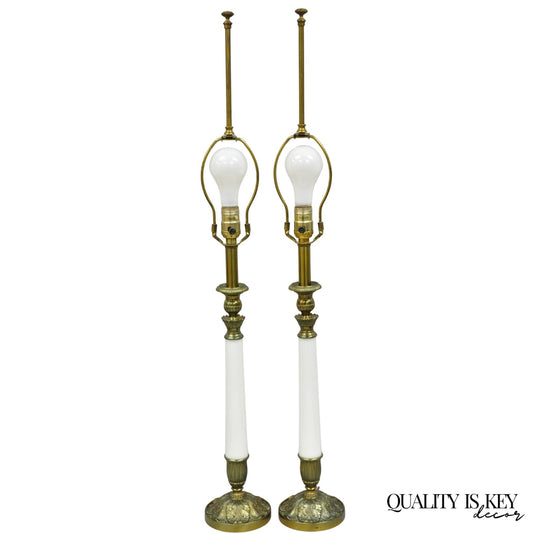 Vintage Stiffel White Glass Column French Hollywood Regency Table Lamps - a Pair