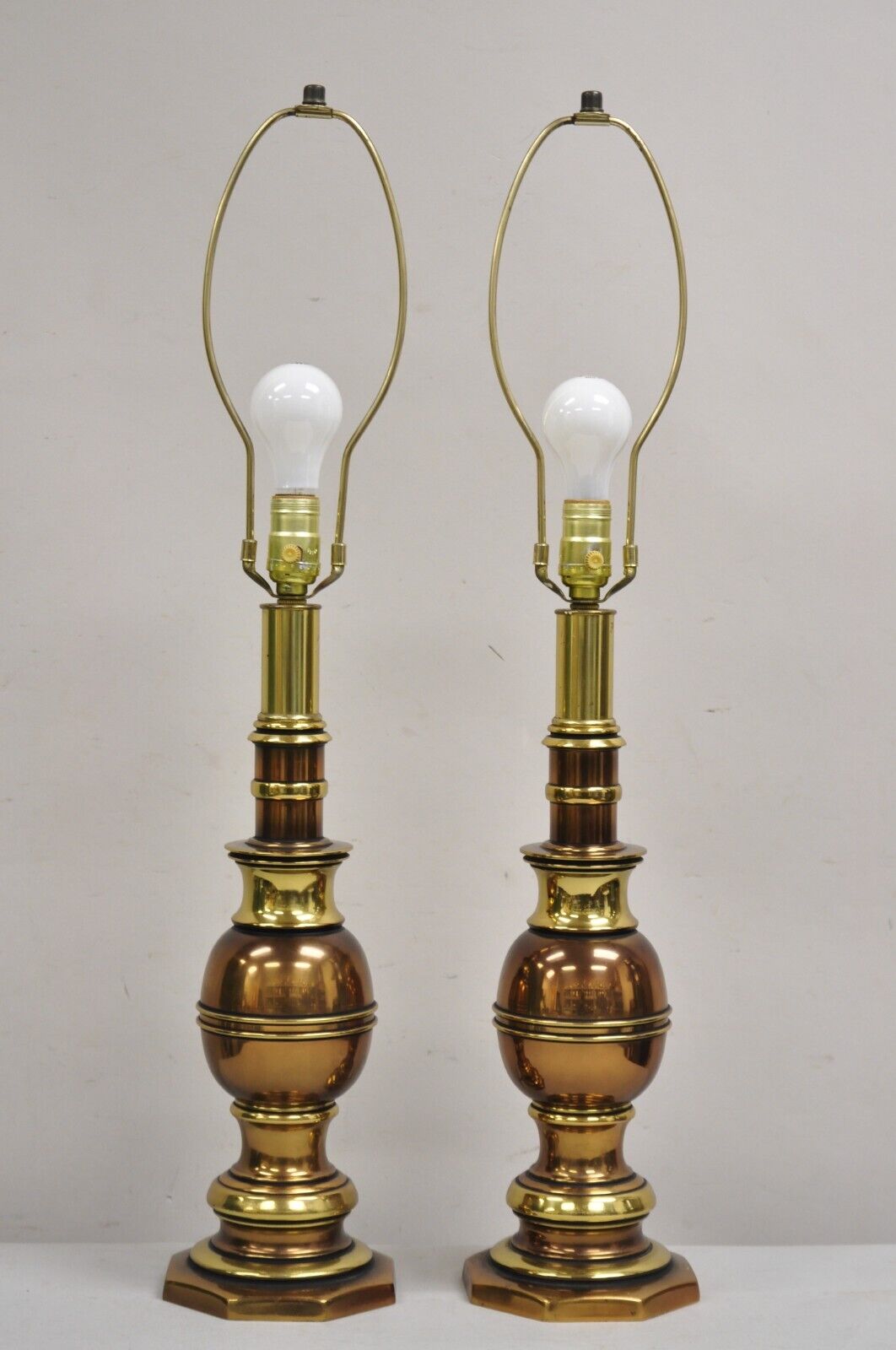 Vintage Hollywood Regency Brass & Copper Faux Bamboo Table Lamps - a Pair