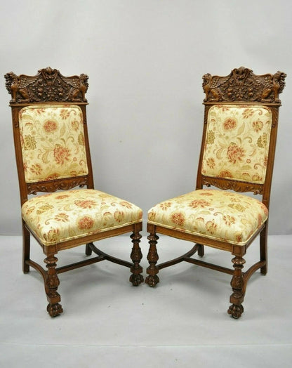 Antique Renaissance Oak Winged Griffin Paw Foot Dining Chair Attr RJ Horner Pair