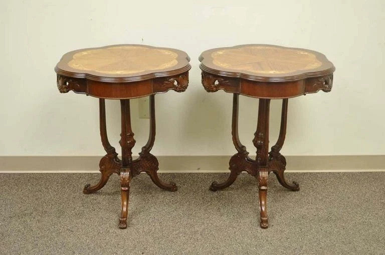Antique French Louis XV Style Satinwood Floral Inlay Walnut Side Tables - a Pair