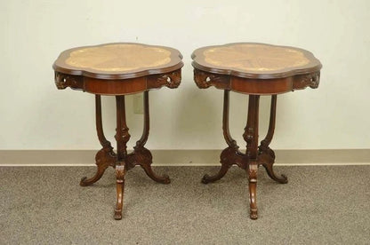 Antique French Louis XV Style Satinwood Floral Inlay Walnut Side Tables - a Pair