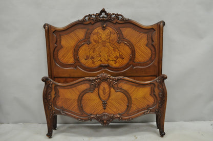 Antique French Louis XV Style Walnut Satinwood Inlay Twin Bed Frames - a Pair