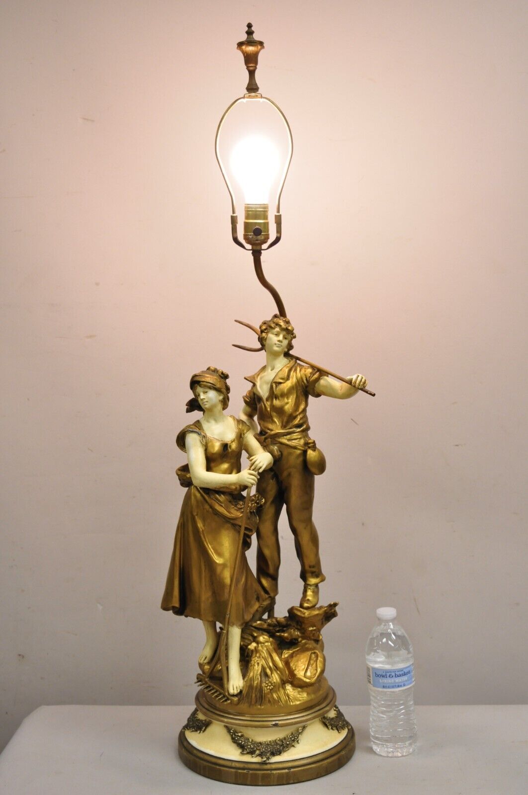 Antique French Renaissance Moreau Figural Metal Table Lamp, Wife & Farmer