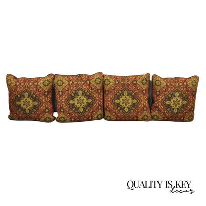 (4) Contemporary Mediterranean Red and Brown Tapestry Faux Leather Throw Pillows