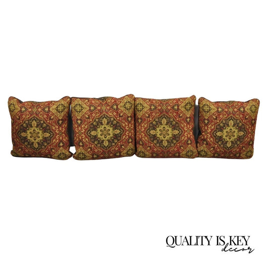 (4) Contemporary Mediterranean Red and Brown Tapestry Faux Leather Throw Pillows