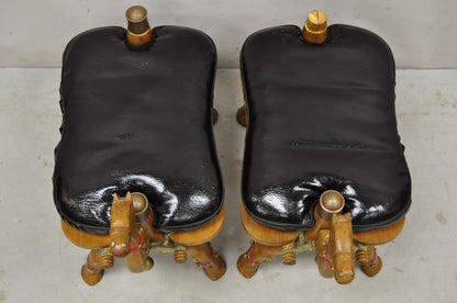 Vintage Camel Saddle Stools Carved Wood Black/Red Cushions - a Pair