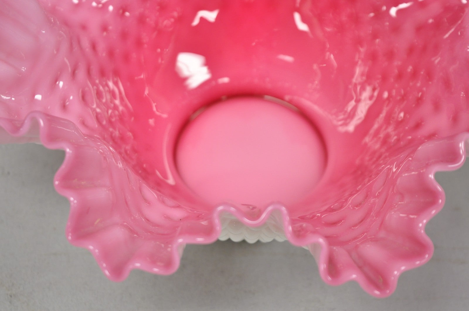 Vintage Pink & White Hobnail Cased Glass Candy Dish Ruffled Bowl Brides Basket