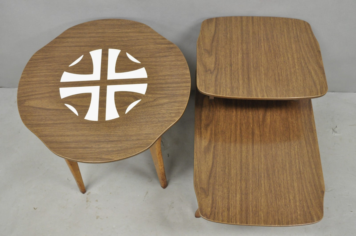 Vintage Mid Century Modern Walnut & Formica Round & Step Side Table Set - 2 pcs