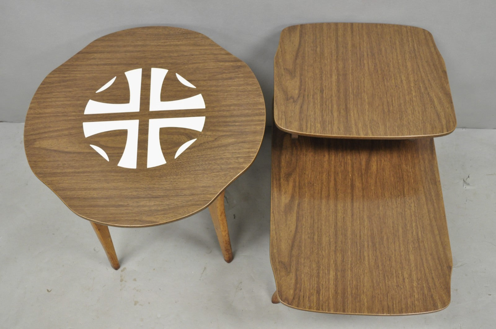Vintage Mid Century Modern Walnut & Formica Round & Step Side Table Set - 2 pcs