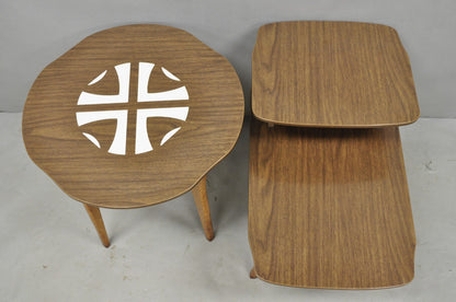 Vintage Mid Century Modern Walnut & Formica Round & Step Side Table Set - 2 pcs