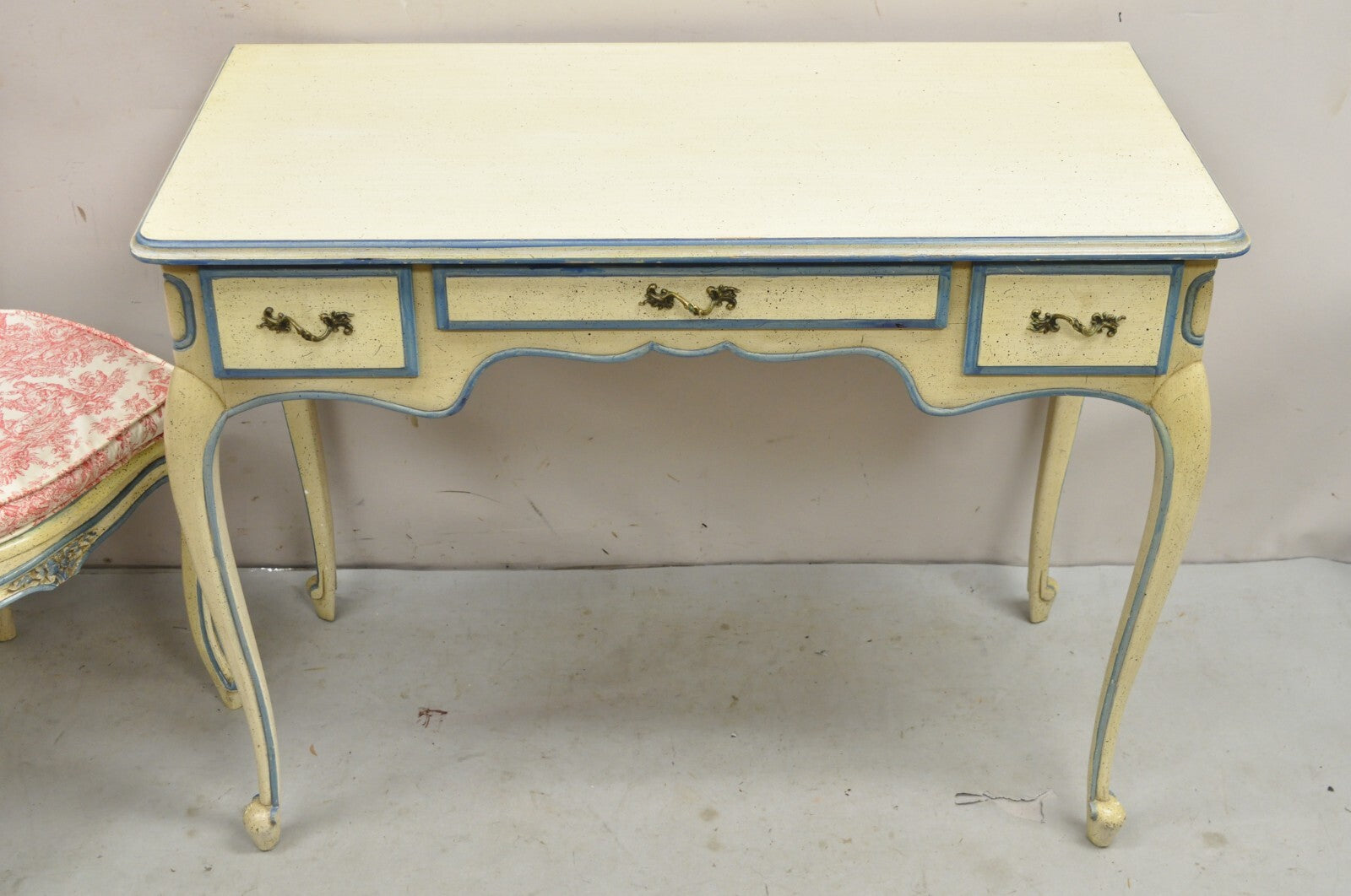 Vintage French Provincial Louis XV Cream & Blue Ladies Writing Desk Chair Set