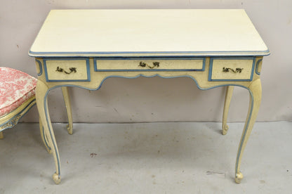 Vintage French Provincial Louis XV Cream & Blue Ladies Writing Desk Chair Set