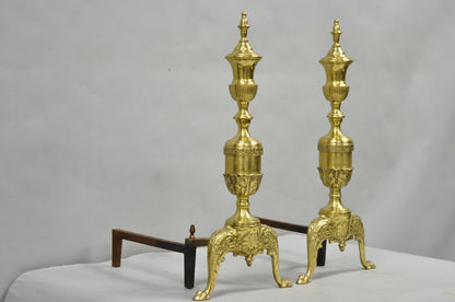 Antique French Empire Style Brass Paw Foot Column Cast Iron Andirons - a Pair