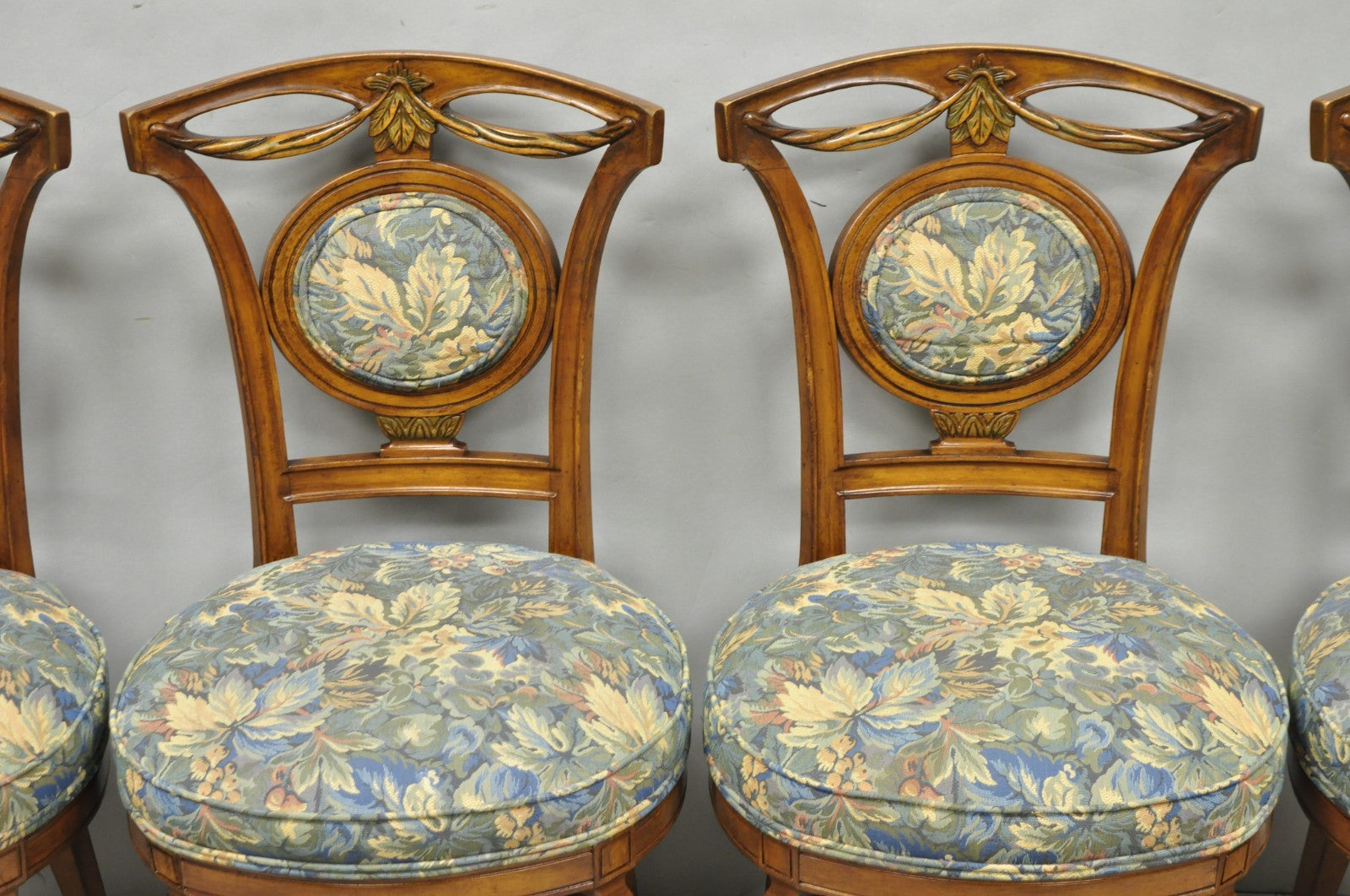 Vintage French Regency Style Carved Walnut Drape Back Dining Side Chair Set of 4