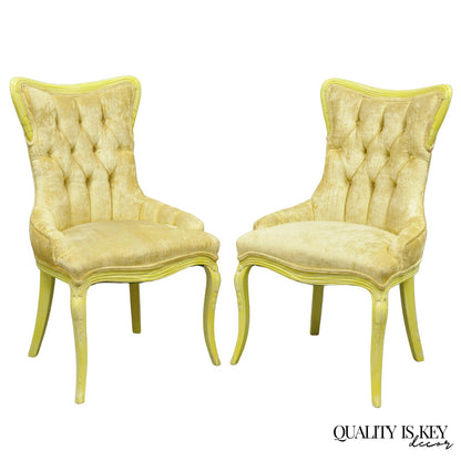 Vintage French Hollywood Regency Yellow Tufted Drape Carved Side Chairs - a Pair