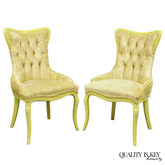 Vintage French Hollywood Regency Yellow Tufted Drape Carved Side Chairs - a Pair