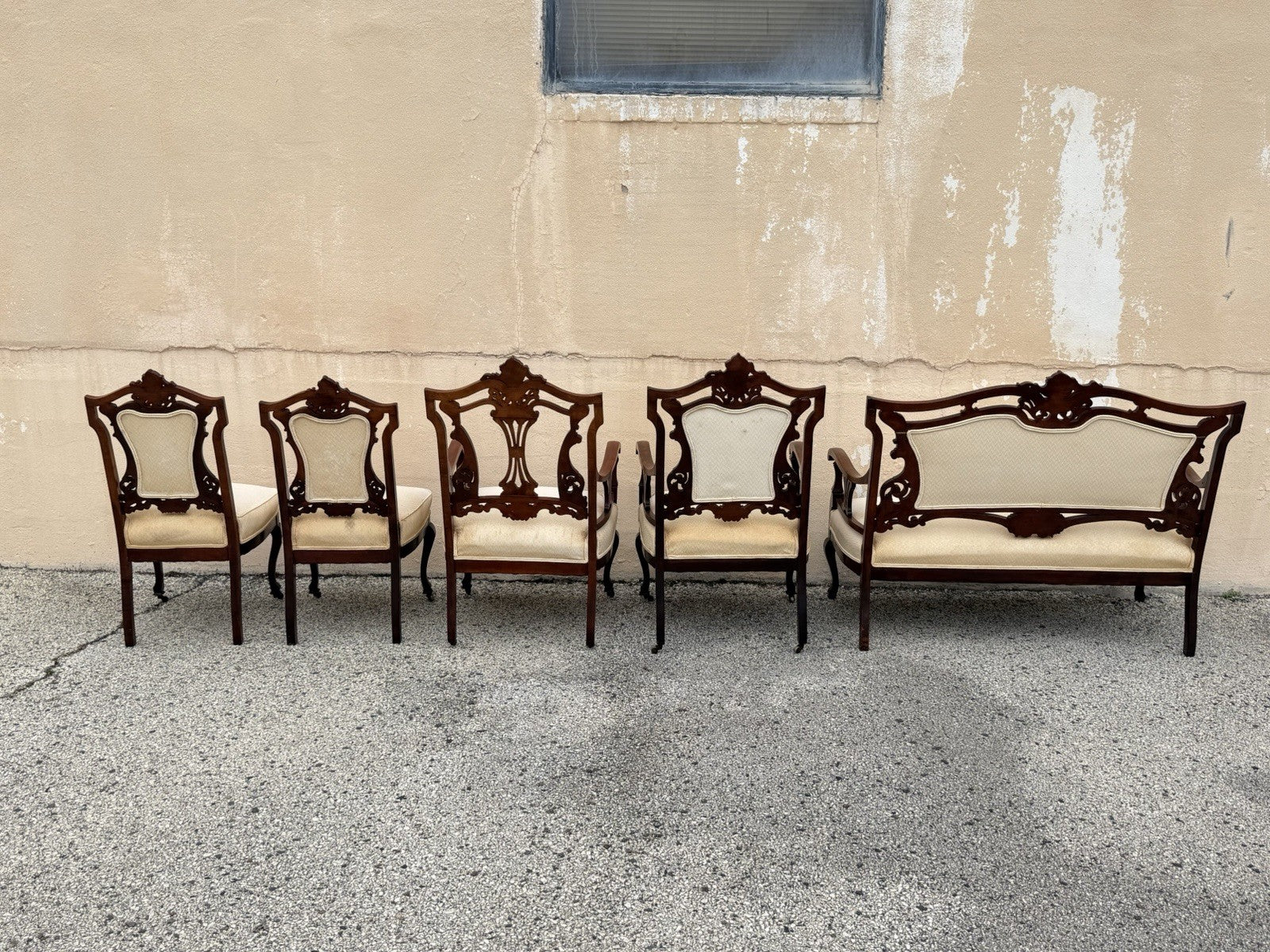 Antique Victorian Carved Mahogany Inlaid Parlor Set Sofa and 4 Chairs - 5 Pcs
