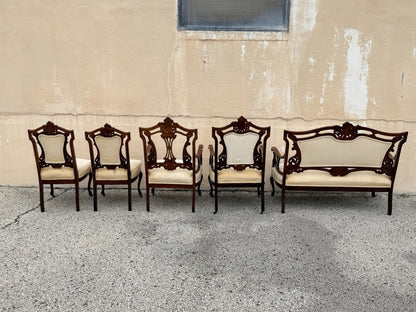 Antique Victorian Carved Mahogany Inlaid Parlor Set Sofa and 4 Chairs - 5 Pcs
