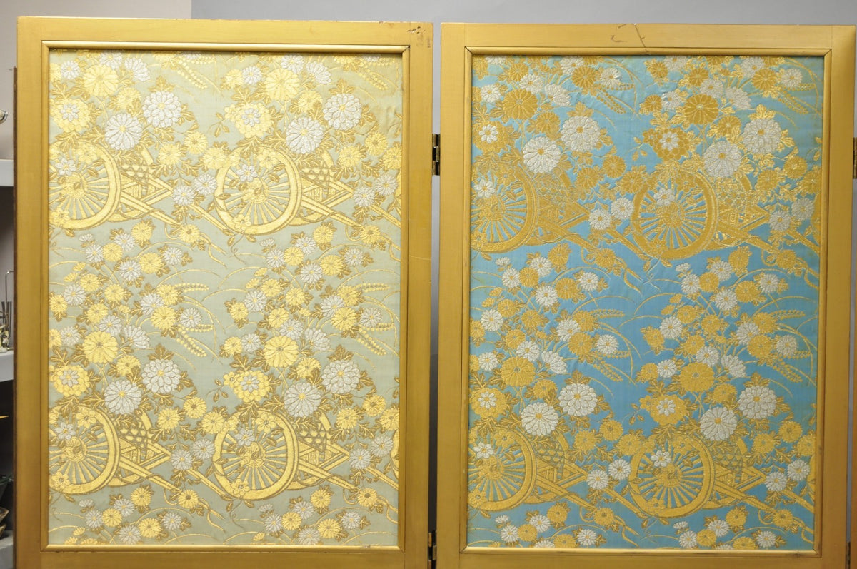 Vintage Chinoiserie Lattice Fretwork 4 Panel Gold Folding Screen Room Divider
