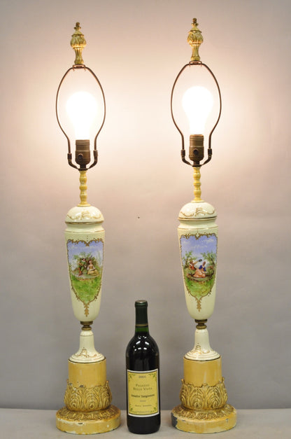 Antique French Renaissance Slender Porcelain Urn Hand Painted Table Lamps - Pair