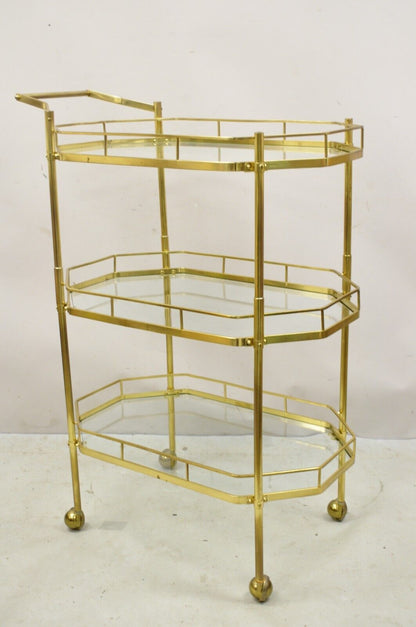 Mid Century Italian Modern Brass and Glass 3 Tier Rolling Bar Cart Serving Table