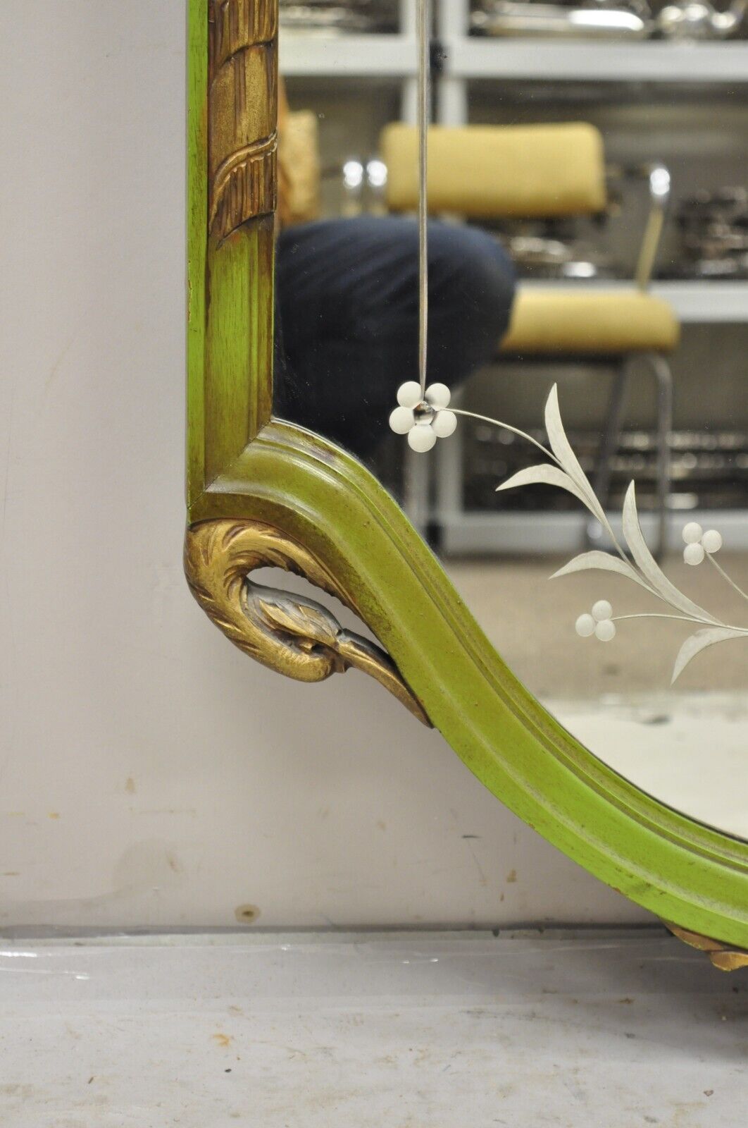French Louis XVI Style Plume Swan Carved Green Painted Leafy Etched Wall Mirror
