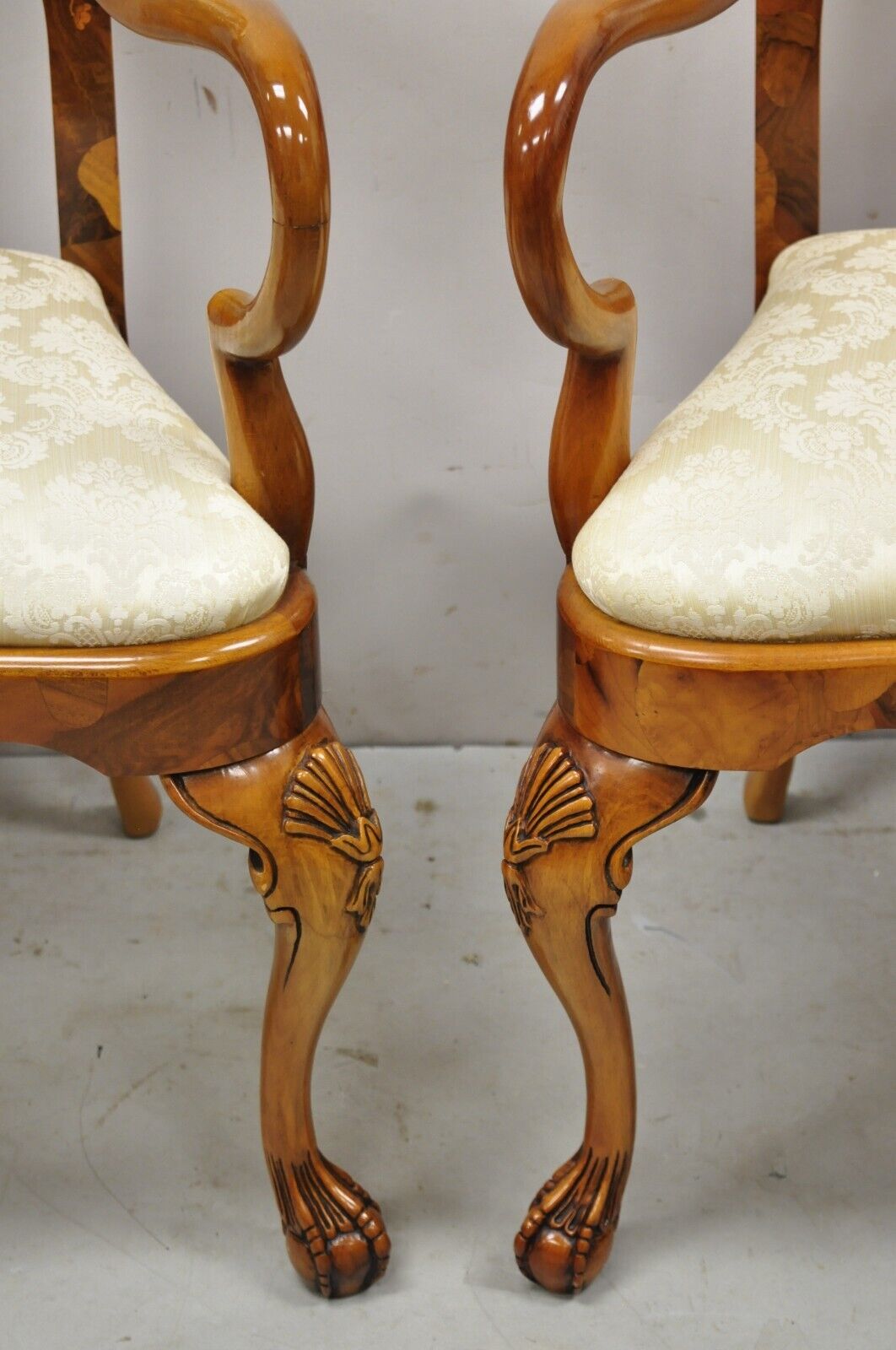 Vintage Queen Anne Style Italian Burl Patchwork Floral Inlay Arm Chairs - a Pair