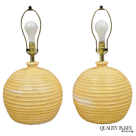 Vintage Mid Century Modern Lacquered Fiberglass Round Beehive Table Lamps - Pair