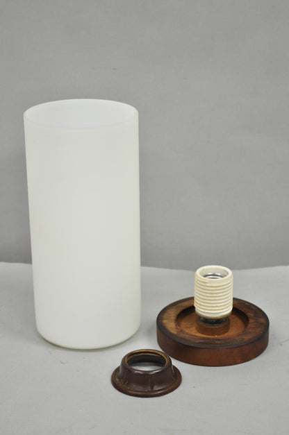 Vintage Mid Century Swedish Modern Frosted Glass Cylinder Small Teak Table Lamp