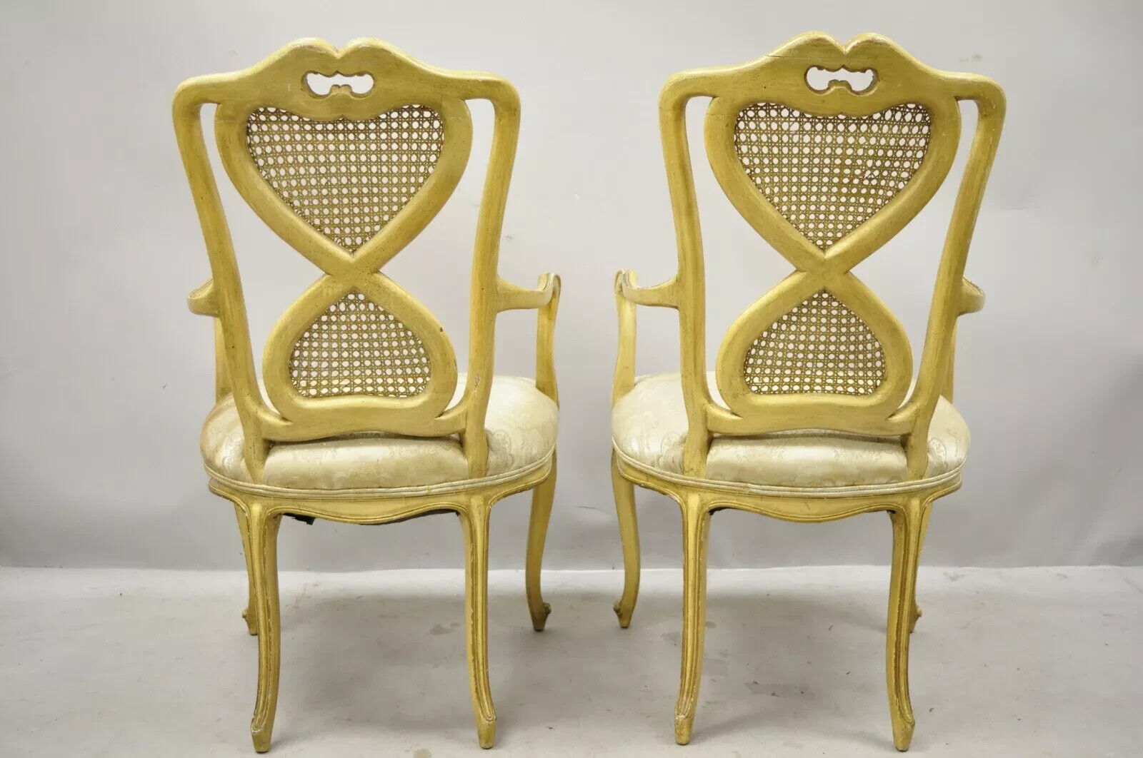 Vintage Italian Provincial French Louis XV Yellow Cane Dining Arm Chairs - Pair