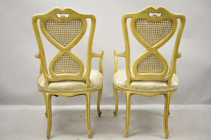 Vintage Italian Provincial French Louis XV Yellow Cane Dining Arm Chairs - Pair