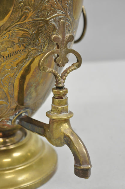 Antique Italian Renaissance Brass Floral Repousse Lions Samovar Drink Dispenser